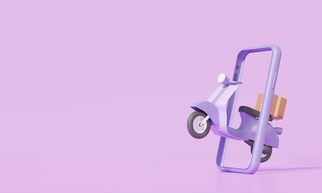 3D-Render-Scooter-Motorrad-Online-Zustellung Paketbox über Smartphone-Konzept Cartoon-Minimalstil-Büroversandkarten-Service-Express-Trunking-Kopienraum auf violettem Hintergrund