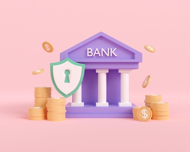 3D Render seguridad bancaria sobre fondo de color rosa. ahorrar dinero concepto transacción banca financiera en línea.