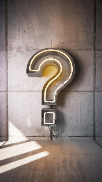 3D render signo de interrogación con luz de neón y pared de espacio en blanco
