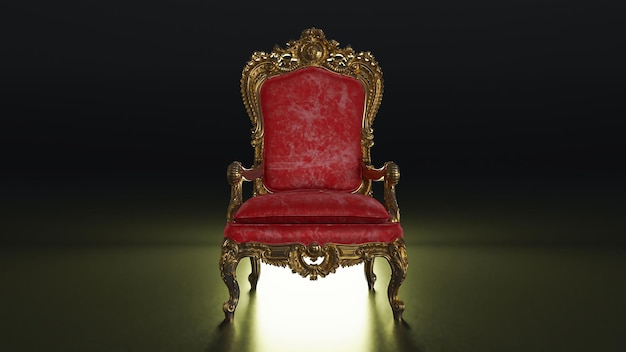 3D Render de sillón rojo sobre fondo oscuro con luz brillante