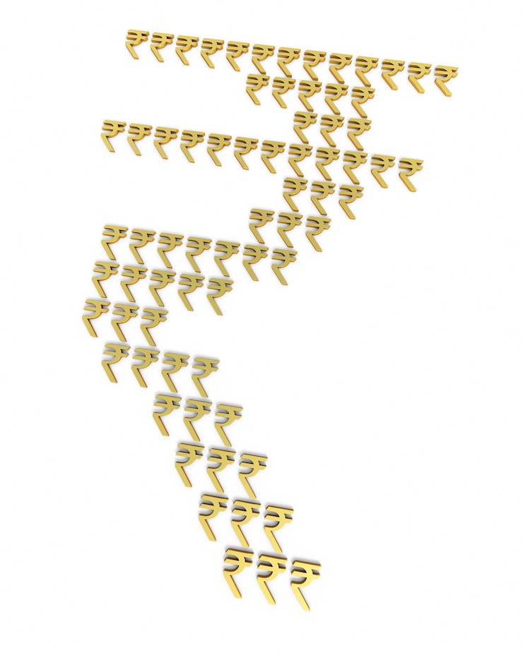 Foto 3d render sinais de rupia de ouro espalhados isolados em branco e corte caminho