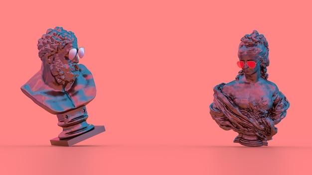 3D-Render-Skulptur Mann begeistert von Frau stilvolles Paar Beziehung Liebe rosa Hintergrund rosa Brille