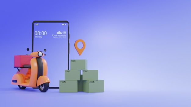3D render smartphone, caixas com ícone de localização e scooter laranja e fundo roxo