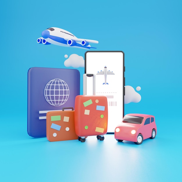 3D-Render-Smartphone-Online-Tourismus- und Reisekonzept 3D-Render-Flugzeugfliegen mit Koffern 3D-Render-Ferien-Urlaub-Illustration