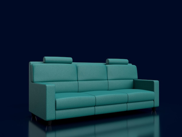 3d render sofá de espuma verde en interior de fondo negro