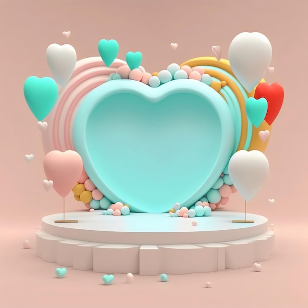 3D Render Soft Pastellfarbe Herzform Rahmen mit Podium und dekorativen Luftballons