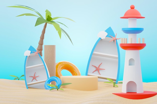 3d render Soporte de podio de venta de verano para mostrar el producto Escena de vacaciones en la playa en verano para maqueta