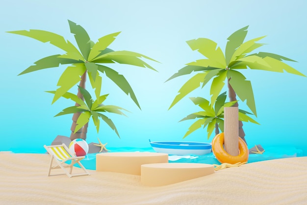 3d render Soporte de podio de venta de verano para mostrar el producto Escena de vacaciones en la playa en verano para maqueta