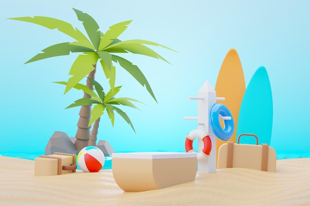 3d render Soporte de podio de venta de verano para mostrar el producto Escena de vacaciones en la playa en verano para maqueta