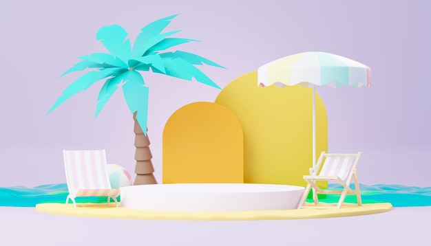 3d render Soporte de podio de venta de verano para mostrar el producto Escena de vacaciones en la playa en verano para maqueta