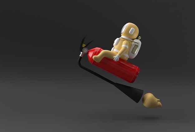 3D Render Spaceman Astronaut Fliegen Sitzen auf Feuerlöscher 3D-Darstellung Design.