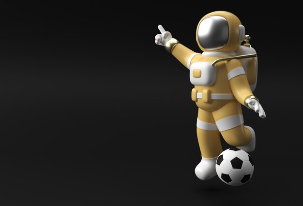 3D Render Spaceman Astronaut Hand Señalando el gesto del dedo con el fútbol Diseño de ilustración 3d.