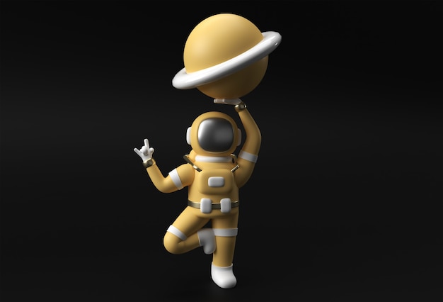 Foto 3d render spaceman astronaut hand up rock gesture con sosteniendo el planeta júpiter diseño de ilustración 3d.