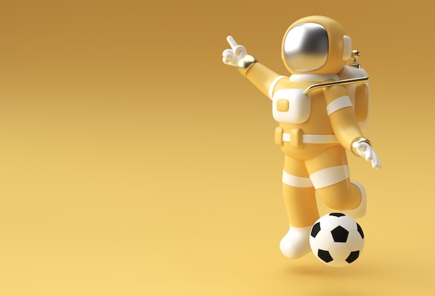 3D Render Spaceman Astronaut Hand zeigt Fingergeste mit Fußball 3D-Illustration Design.