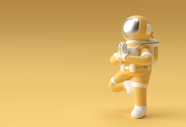 3D Render Spaceman Astronaut steht eine dankbare Namaste Yoga Pose 3D-Illustration Design.