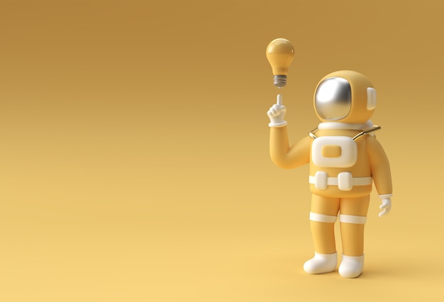 3D Render Spaceman Astronauta Mão Apontando Dedo Luz Idéia Bulbo Gesto Ilustração 3d Design.