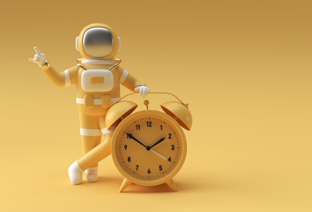 3D Render Spaceman Astronauta con reloj despertador Diseño de ilustración 3d.