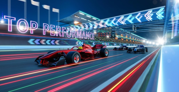 3d render Sport racing car conducción rápida con texto TOP PERFORMANCE