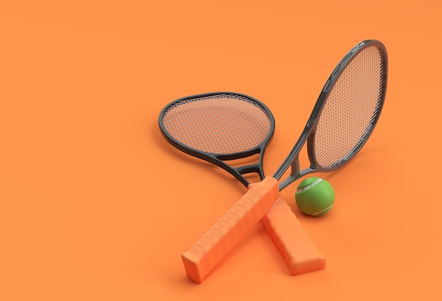 3D Render Sportausrüstung Tennisschläger mit einem Ball auf orangem Hintergrund.