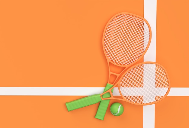 3D Render Sportausrüstung Tennisschläger mit einem Ball auf orangem Hintergrund.