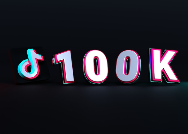 3d render tiktok logo 100k tipografía con fondo oscuro