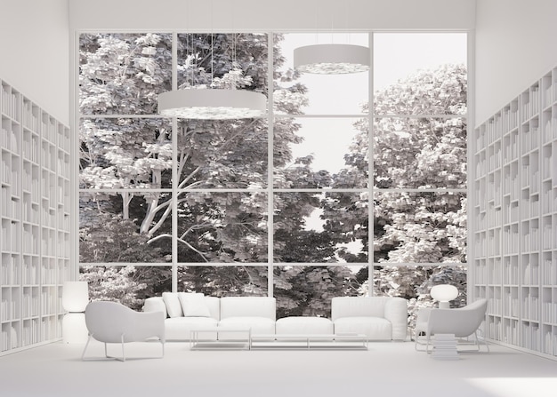 3D Render de toda la sala blanca grande con techo alto Gran ventana al jardín con árboles