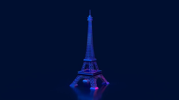 3D Render Torre Eiffel en estilo cyberpunk sobre un fondo azul oscuro brillante