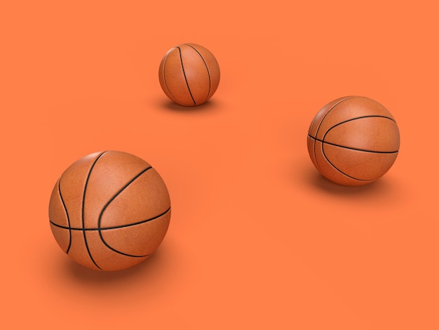 3D Render tres pelotas de baloncesto sobre un fondo naranja