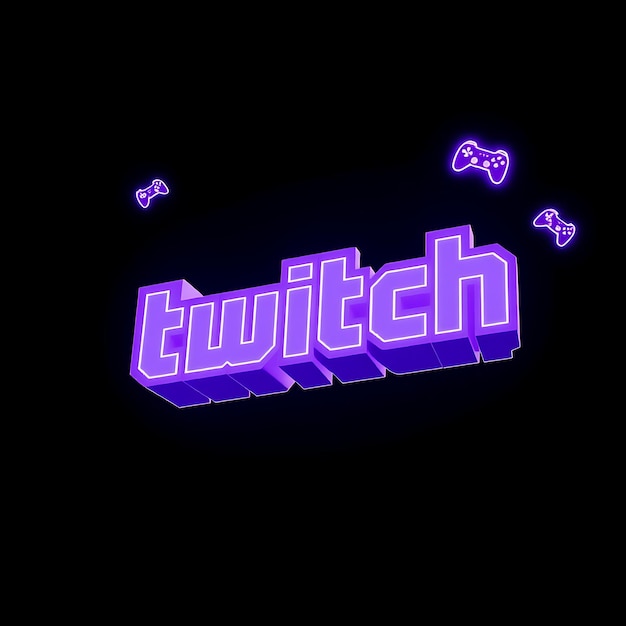 3D-Render Twitch-Logo in durchsichtigem lila Material extrudiert, das sich sanft nach oben dreht