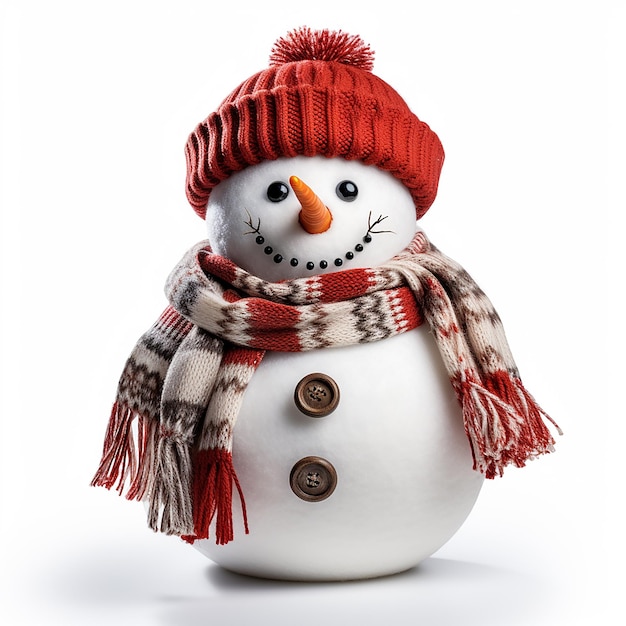 3d render um boneco de neve com luvas vermelhas, chapéu e lenço isolado em um fundo branco