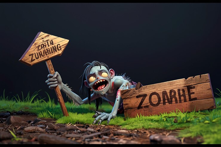 Foto 3d render uma mão de zumbi com um sinal de madeira rastejando para fora do chão