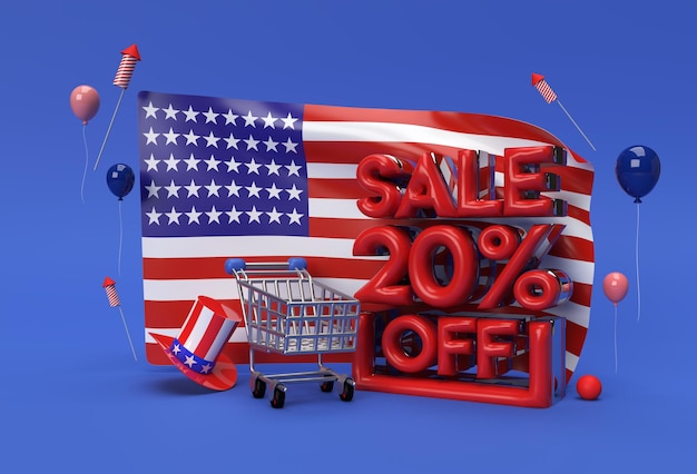 3D Render Usa flag 4 de julio USA Independence Day Concept 20 Sale OFF Descuento Banner