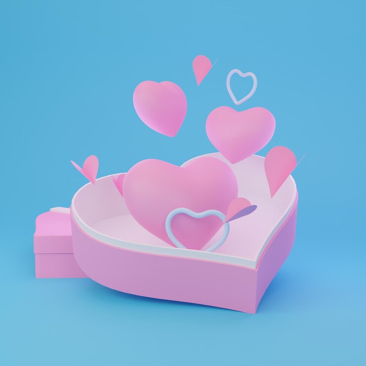 3D Render Valentine Una caja rosa en forma de corazón con un montón de corazones volando fuera de ella