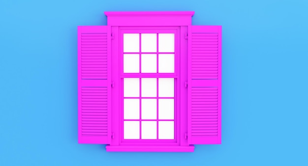 3D Render de ventana rosa colorido aislado en la pared azul