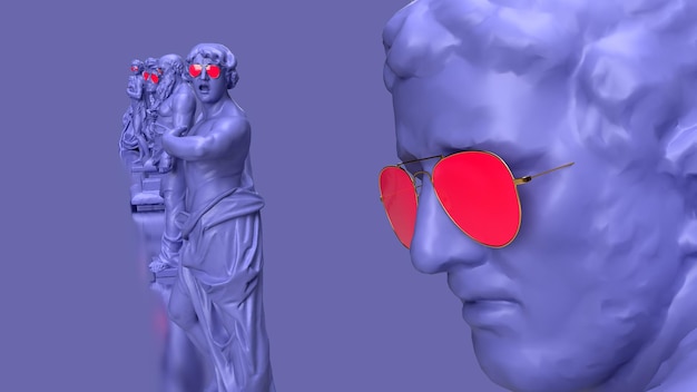 3D Render Very Peri color violeta la cara del primer plano de la estatua y muchas estatuas en el fondo