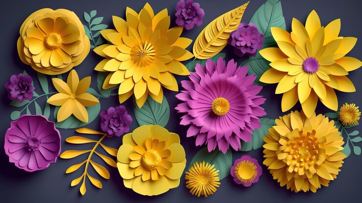 3d render violeta amarillo papel artesanal flores floral clip art conjunto Generativo Ai