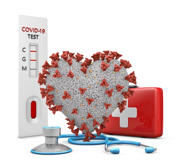 3D Render virus en forma de corazón con prueba covid, un botiquín de primeros auxilios y un estetoscopio sobre fondo blanco.