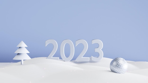 3D-Render von 2023 Neujahr Postkarte, Silber und blaue Farbe