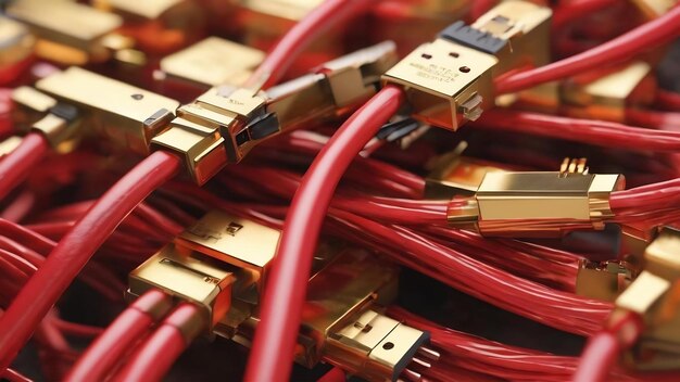 3D-Render von roten Kabeln auf goldem Hintergrund Informationstechnologie-Konzept