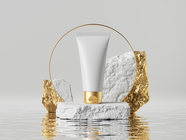 3D-Render-Weiß-Kosmetik-Creme-Röhrenbecher mit goldener Kappe, die auf einer rauhen Kopfsteinpflasterplattform platziert ist