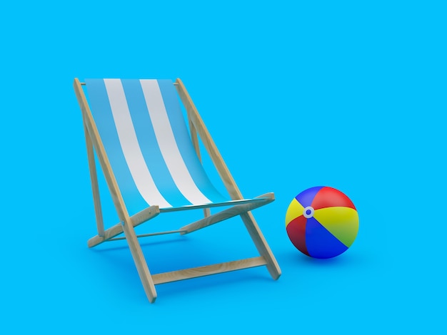 3D-Render weißer und blauer Liegestuhl und bunter Strandball auf blauem Hintergrund