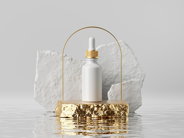3D-Render-weißes Kosmetikglas mit goldenem Tropfverschluss auf rauer goldener Nugget-Plattform