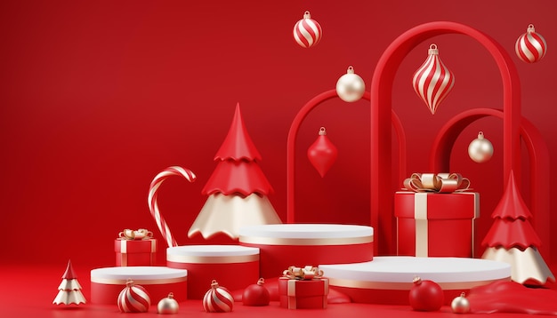 3D-Render-Zylinder-Podium in Weihnachten Weihnachtsmann und Weihnachtsbaum, Geschenkboxen