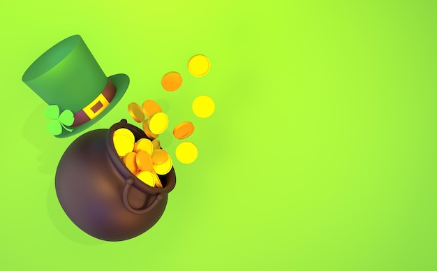 3D-Renderbanner für Patrick's Day. Ein Goldschatz und ein Koboldhut.