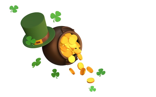 3D-Renderbanner für Patrick's Day. Ein Goldschatz und ein Koboldhut.