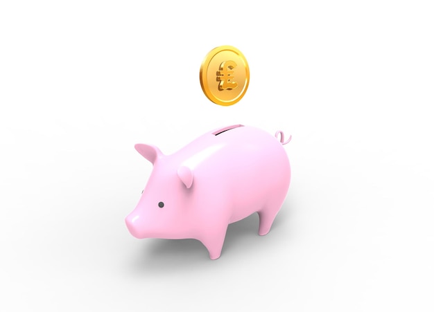 3D Renderbild eines Sparschweins mit Goldpfundmünze