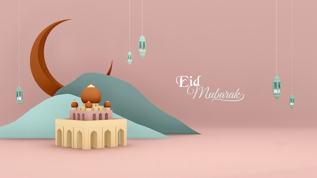 3D-Renderbild Grußkarte islamischen Stil für Eid Mubarak Eid Aladha mit arabischen Lampen Mond Moschee Berge und Eid Mubarak Phraseid