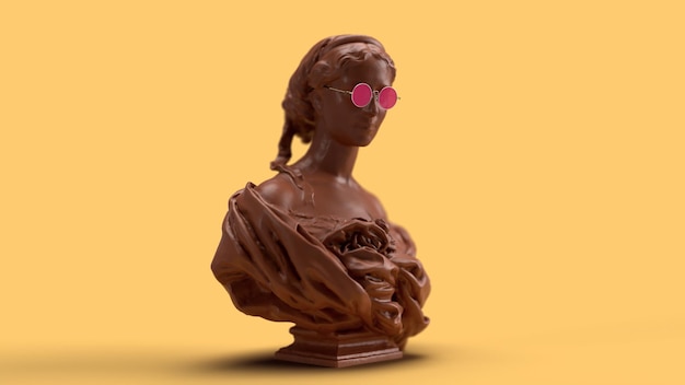 3D-Renderbüste einer schokoladenfarbenen Frau, die mit rosa Sonnenbrille auf gelbem Hintergrund liegt