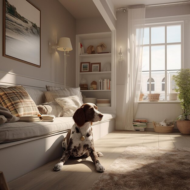 Foto 3d renderd photo of dog cozy and lively home interior design