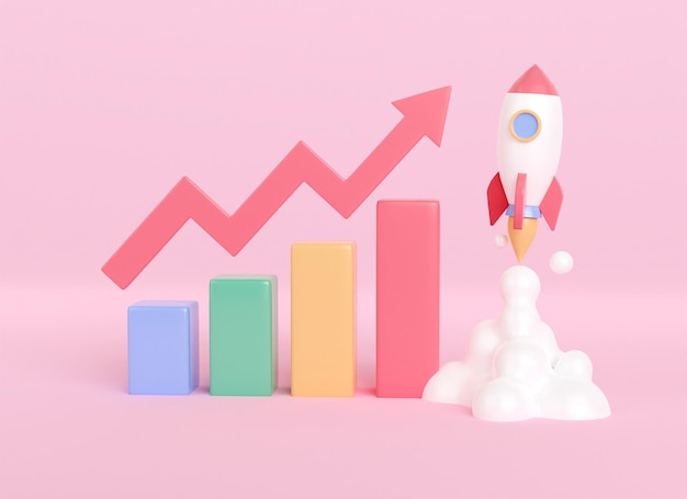 3D-Renderdiagramm Wachstumsinvestitionen und Raketenstart Unternehmensinvestitionsziel zum Erfolg